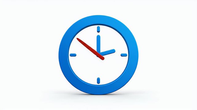 A 3D blue clock with red hands indicates a little past two