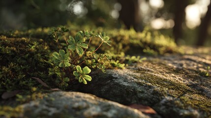 Obraz premium Serene forest floor details with moss-covered rock and lush vegetation