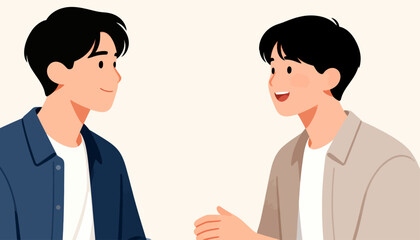 Obraz premium Two smiling men converse warmly in a soft-toned illustration. Their friendly expressions suggest mutual understanding and ease. Ideal for business, teamwork, or communication themes