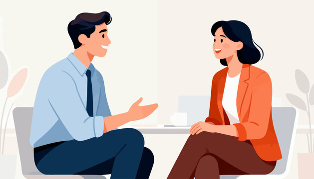 Two people sit across a table, engaged in a calm conversation. They gesture and smile, suggesting mutual understanding and trust. The setting feels professional yet warm, perfect for business meetings