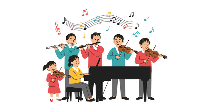 Happy family ensemble with parents and children playing flutes violins and a piano with colorful floating notes.