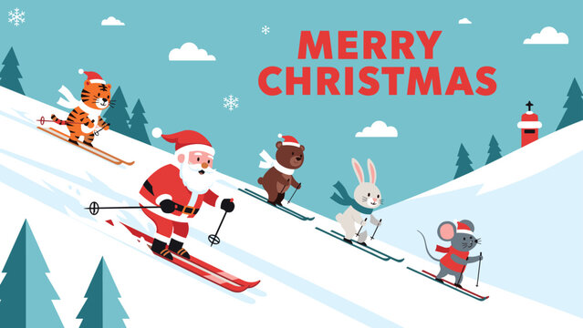 Santa claus skiing down a snowy mountain alongside a tiger bear rabbit and mouse for merry christmas greetings.