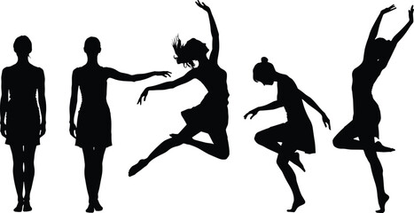 Black silhouettes of women in graceful dancing and leaping poses including ballet and contemporary dance movements isolated on white background for creative artistic design