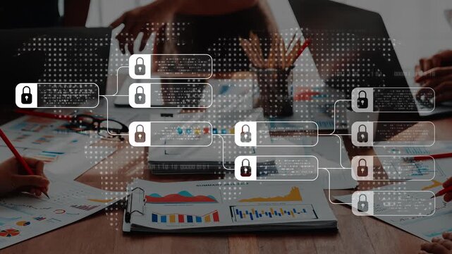 A dynamic office scene showcases hands engaged in business analysis with laptops and charts, emphasizing digital security, data protection, and teamwork in a modern environment. Raster