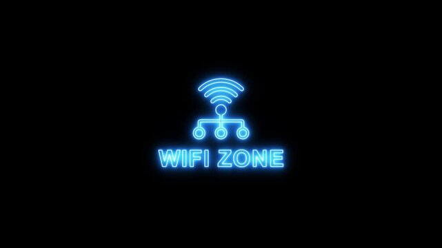 Neon wifi zone sign with glowing blue wireless internet symbol on black background network connectivity