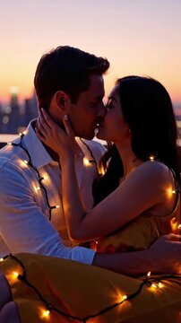 Couple enjoys sunset together while wrapped in string lights on a rooftop in a city
