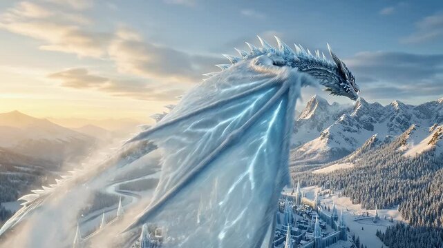 Close up of ice dragon wing flying over snowy mountain peak