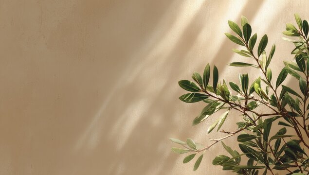 Foliage with sunlight shadows against a warm beige textured wall