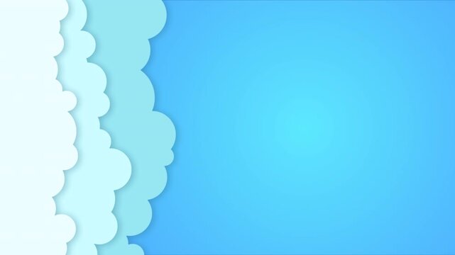 White clouds sky 2D vector paper cut animated loop background in blue with right copy space