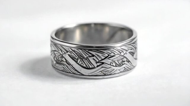 Elegant silver ring with intricate engraved pattern on white background