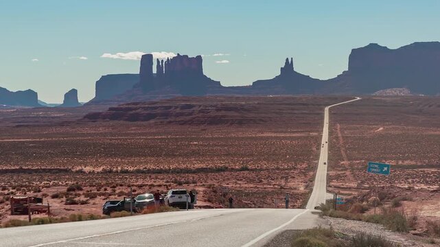 Cars Driving Toward Monument Valley on Scenic US-163 Forest Gump Point Time-lapse