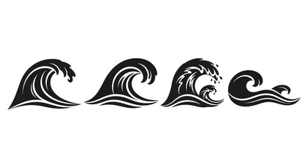 Four stylized ocean waves depicted in a striking black silhouette high quality professional detailed modern elegant © Kuntol02