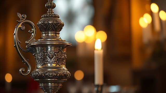 Ornate silver flagon reflecting candlelight with slight tilt, warm golden tones. bar promotions, beverage menus, designed for food & beverage menus and cafe branding.