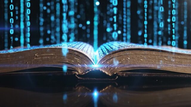 Open book glowing with digital binary code data stream light representing knowledge and technology concept