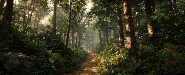 Obraz premium Forest path bathed in sunlight. Dense foliage with trees and path. Scenic landscape