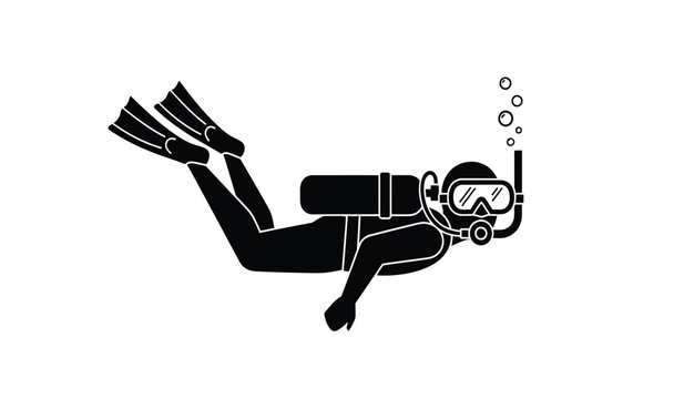Black silhouette of a scuba diver swimming underwater with equipment