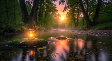 Fototapeta premium A serene forest stream at sunset with a lantern on a rock