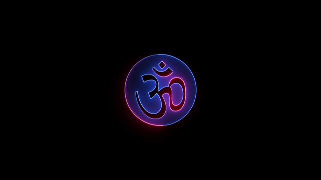 Om symbol in neon blue and pink glowing on a black background religion spirituality