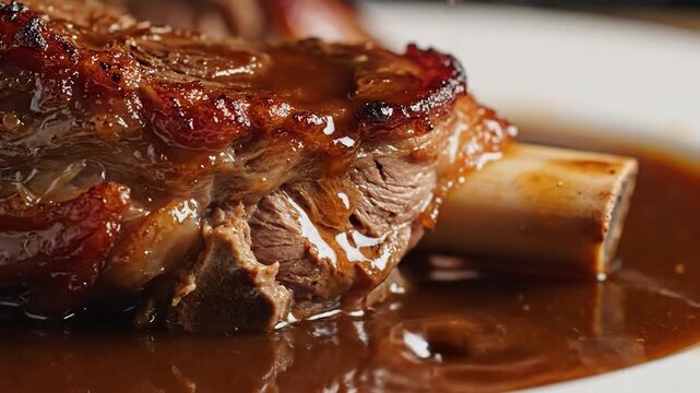 Delicious braised meat with rich brown gravy being poured over gourmet meal close up