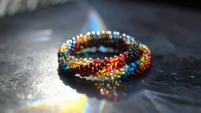 Sparkling colorful beaded bracelet with rainbow light reflections