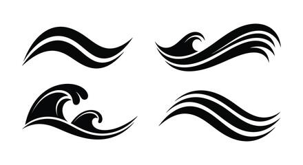 Four stylized black wave designs create a dynamic pattern presented as a striking silhouette high quality © MIRAJ02