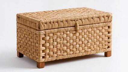 Handwoven wicker storage basket with lid isolated on white background, natural fiber decorative storage box.