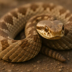 Fototapeta premium Snake resting on ground with patterned scales in natural habitat 