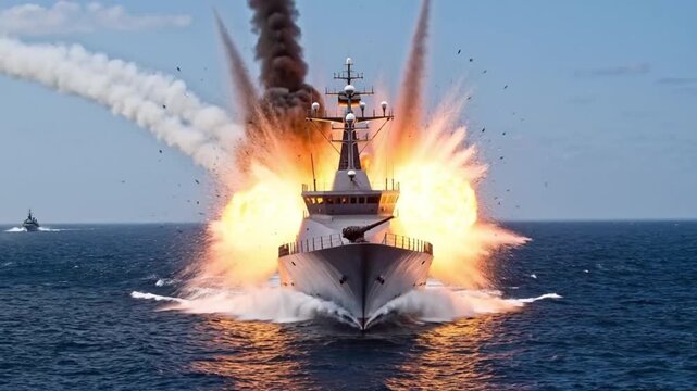 Modern naval warship firing heavy guns and missiles during a battle at sea