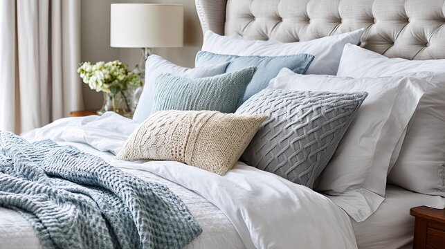 Prioritize sleep for optimal health with a cozy bed adorned with plush pillows and soft blankets in a tranquil bedroom