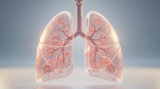 Transparent 3D human lungs showing bronchial tree and alveoli structure in a medical illustration style.
