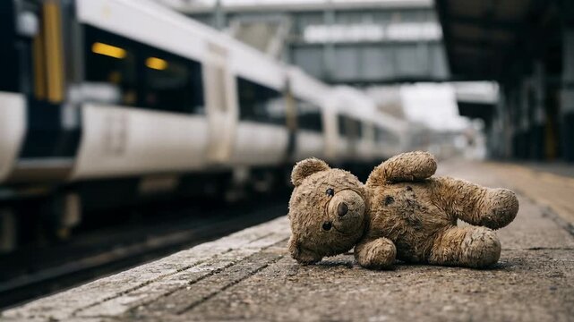 A teddy bear is positioned on a train platform as a train passes by. This setting captures an urban transport scene that may suit various commercial projects needing relatable imagery