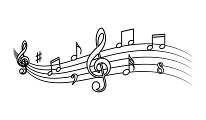 Black and white illustration of musical notes on a staff with treble clef