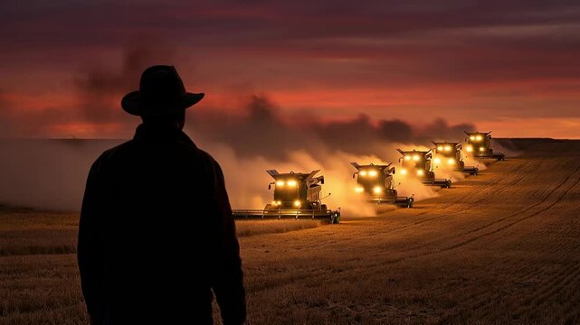 A silhouette of a person stands observing as multiple combine harvesters work in a field at dusk. The machines produce dust clouds against a colorful sky, highlighting agricultural activity