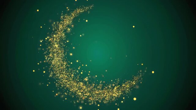 Golden crescent moon shape with sparkling glitter on dark green backgr