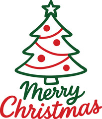 Naklejka premium Merry Christmas illustration featuring tree, decorations, and festive greetings in a graphic design style
