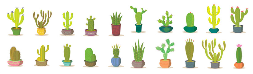  cactus plants in pots set of illustrations © Hxie
