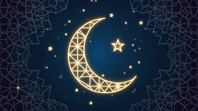 Golden crescent moon and star geometric pattern design