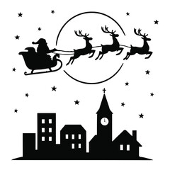 Santa Claus flying over town with reindeer and sleigh on a starry night