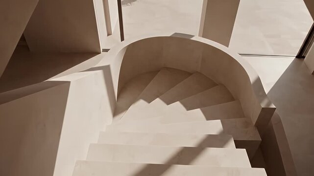 Minimalist, light-filled architectural staircase with curved and angular elements