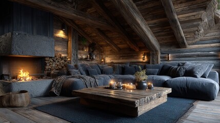 Rustic cozy cabin interior with wooden walls, a fireplace, warm sunlight, and furniture in natural textures, presented as an interior mockup.