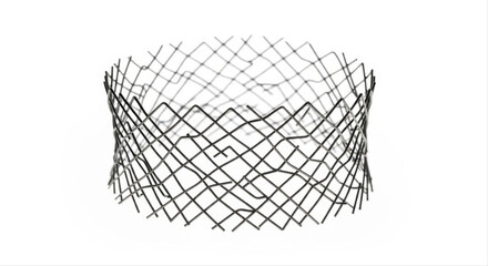 Dented metal mesh forming a cylindrical shape, artistically isolated on a pristine white background, showcasing intricate patterns and textures