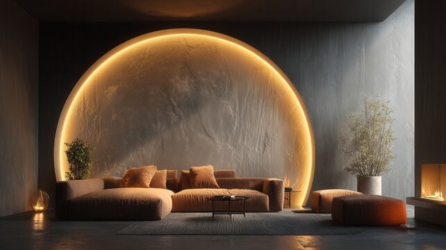 minimalist luxury living room with brown sofa and golden arch illuminated wall feature, soft shadows and elegant modern aesthetic