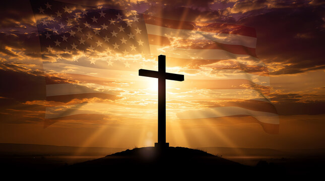 Silhouette of a cross on a hill at sunset with radiant sun rays and a faint American flag overlay blending patriotism with spirituality and hope