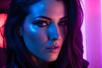 Fototapeta premium Tech-Noir Female Portrait with High-Contrast Magenta and Cyan Lighting