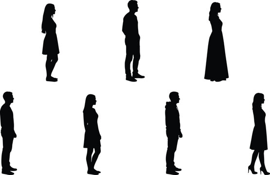 people standing silhouettes men women side view profiles diverse characters isolated vector illustration set