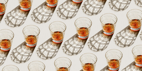 Crystal Glasses with strong drink as minimal geometric pattern, beautiful shadow at sunlight on...