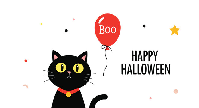 Whimsical Halloween illustration of a black cat wearing a red collar looking up at a red balloon with the word Boo and colorful confetti.