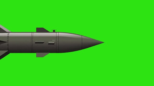 Military Missile Flying Side View on Green Screen Chroma Key Background