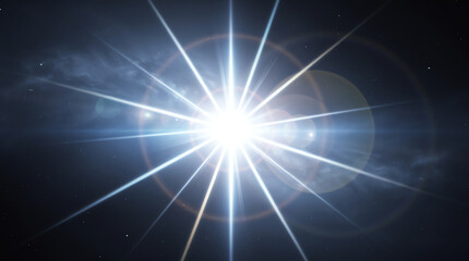 Obraz premium Bright star shining intensely in the night sky, emitting radiant beams and lens flare effects against a dark cosmic background with subtle stars and nebulae
