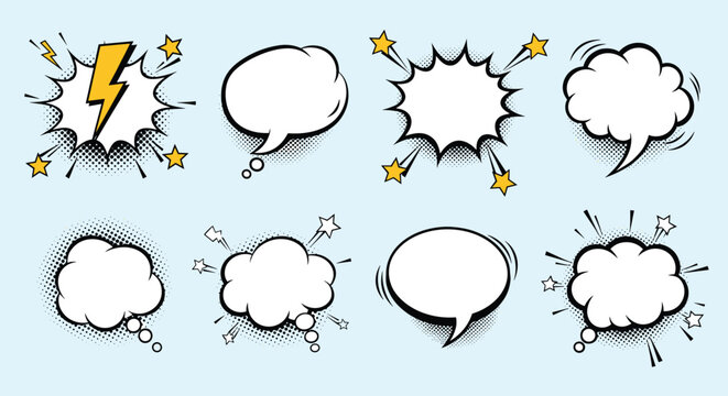 Set of various comic book speech bubbles and explosion clouds with stars and lightning bolts on light blue background.